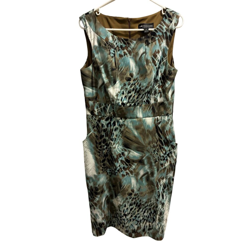 Connected Apparel Teal & Brown Abstract Animal Print Pockets Sheath Dress